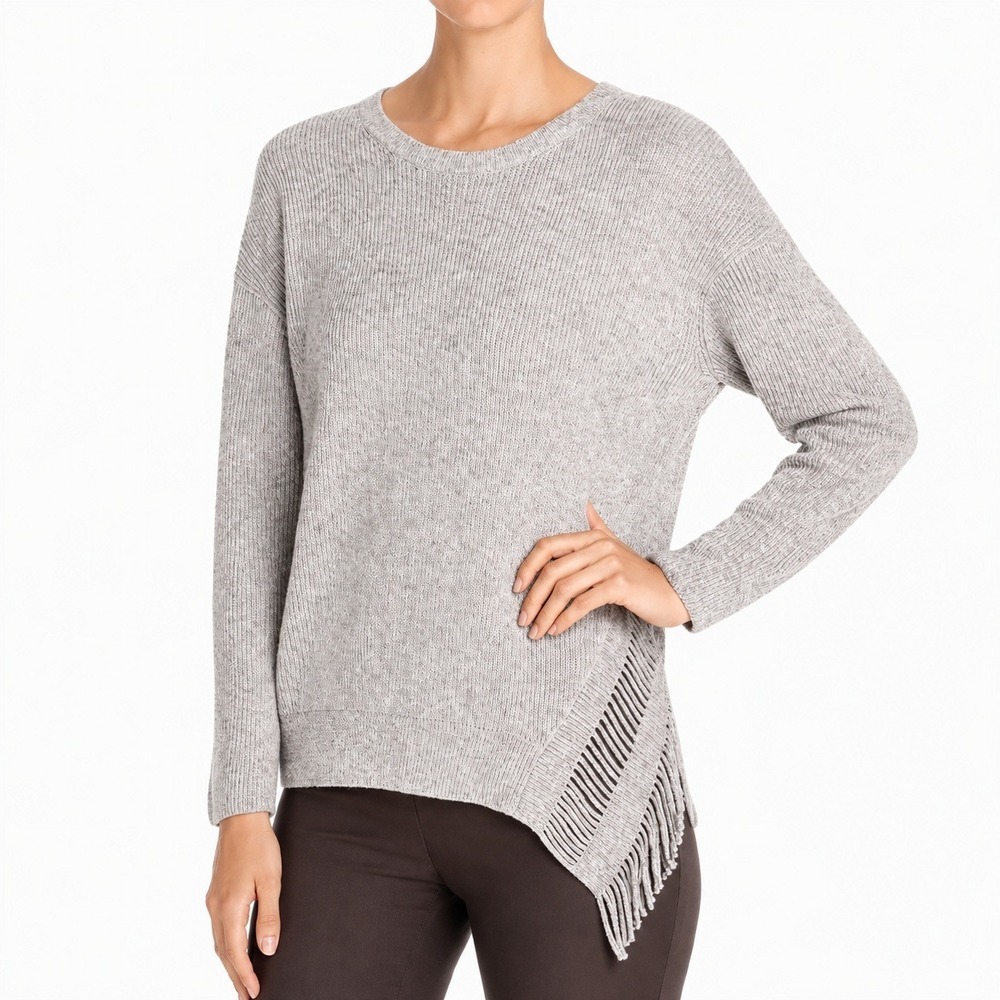 NIC+ZOE Fringe Asymmetric Shaker Knit Gray Pullover Sweater SZ Large Minimalist